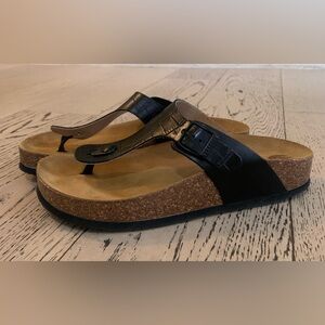 Plakton Black and Tan Leather Sandals with Cork Footbed and Buckle Straps